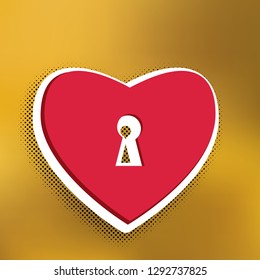 Heart with lock sign. Vector. Magenta icon with darker shadow, white sticker and black pop art shadow on golden background.