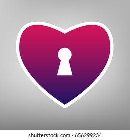 Heart with lock sign. Vector. Purple gradient icon on white paper at gray background.