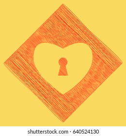 Heart with lock sign. Vector. Red scribble icon obtained as a result of subtraction rhomb and path. Royal yellow background.