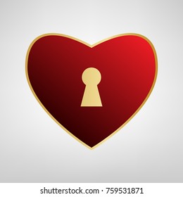 Heart with lock sign. Vector. Red icon on gold sticker at light gray background.