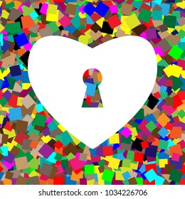 Heart with lock sign. Vector. White icon on colorful background with seamless pattern from squares.
