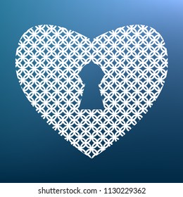 Heart with lock sign. Vector. White textured icon at lapis lazuli gradient background.