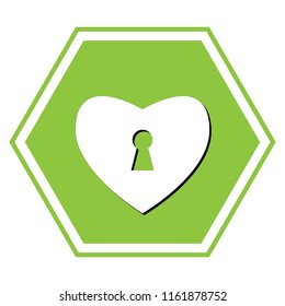Heart with lock sign. Vector. White icon with black shadow at yellow green honeycomb on white background.
