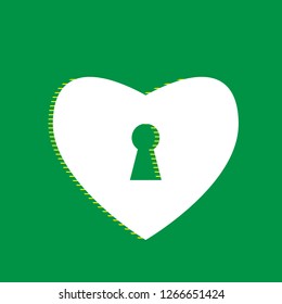 Heart with lock sign. Vector. White flat icon with yellow striped shadow at green background.