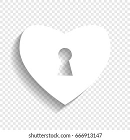 Heart with lock sign. Vector. White icon with soft shadow on transparent background.