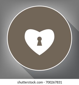 Heart with lock sign. Vector. White icon on brown circle with white contour and long shadow at gray background. Like top view on postament.