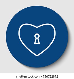 Heart with lock sign. Vector. White contour icon in dark cerulean circle at white background. Isolated.