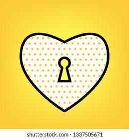 Heart with lock sign. Vector. Yellow polka dot white icon with black contour at warm yellow background.
