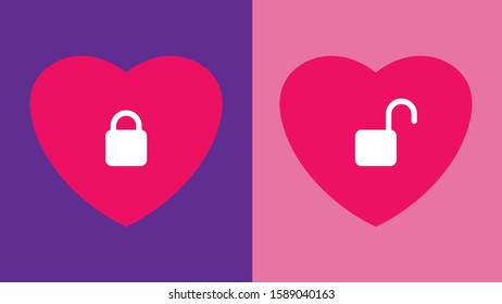 Heart with lock. Two hearts. The concept of relationships, love, dating, information about a loved one, openness in social networks, accessibility. Vector illustration.