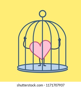 Heart locked in cage. Vector concept illustration of captive and imprisoned heart and emotions | flat design linear infographic icon on yellow background