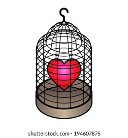 A heart locked in a plain wire birdcage.