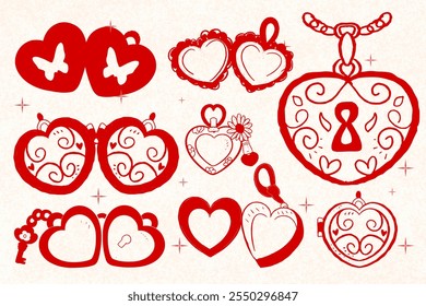 Locket do coração, Clipart da coqueta, medalhão vintage, medalhão de coração, ícone de convite de casamento, Cricut Doodle Valentine, ilustração desenhada à mão, medalhão de coração com arco, coquette, bonito, y2k