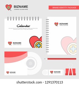 Heart Logo, Calendar Template, CD Cover, Diary and USB Brand Stationary Package Design Vector Template
