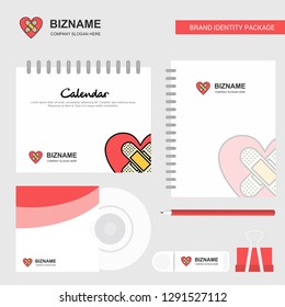 Heart Logo, Calendar Template, CD Cover, Diary and USB Brand Stationary Package Design Vector Template