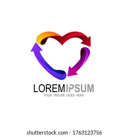 Heart logo combination with arrows, colorful logo design template, circular arrow icon