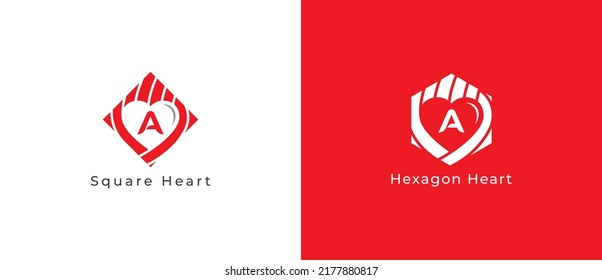 Heart Logo Concept sign icon symbol Design with Letter A. Hexagon and Square Heart Logo Design. Vector illustration logo template