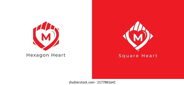 Heart Logo Concept sign icon symbol Design with Letter M. Hexagon and Square Heart Logo Design. Vector illustration logo template