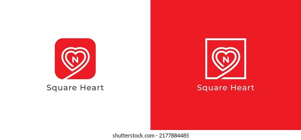 Heart Logo Concept sign icon symbol Design with Letter N. Square Heart Logo Design. Vector illustration logo template