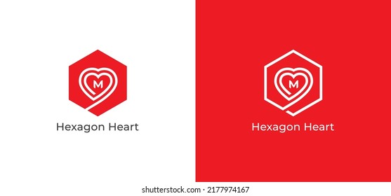Heart Logo Concept sign icon symbol Design with Letter M. Hexagon Heart Logo Design. Vector illustration logo template