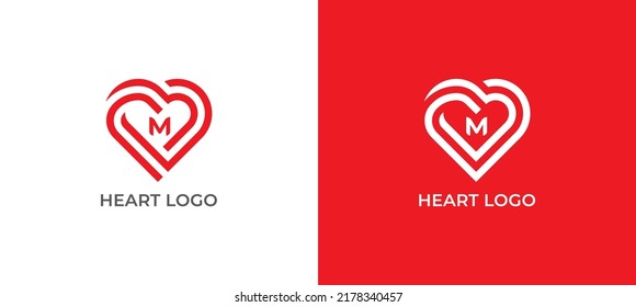 Heart Logo Concept sign icon symbol Design with Letter M. Heart Vector Symbol. Vector illustration logo template