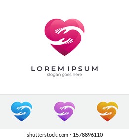 
Heart logo design with hand giving, hands care vector illustration, love logo template, charity symbols, human relationship icon