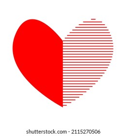 Heart logo design template. Valentine's Day love symbol. Heart two halves connected together. Red solid left side. Right side shaded with red horizontal lines. Conflicting feelings metaphor.