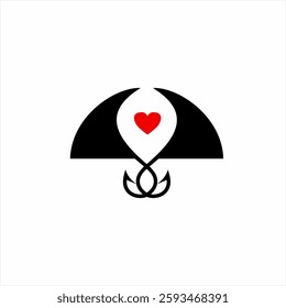 Heart logo design with two shark fins and a fishing hook