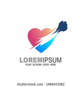 Heart logo with hand design vector, Creative care concept logo, fast and speed icon