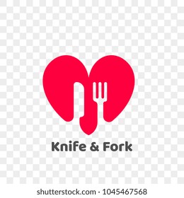 Heart logo icon for healthy food and diet or vegetarian nutrition supplement and vitamins. Vector isolated modern heart and fork with knife symbol for dieting or medical pharmacy