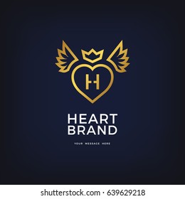 Heart logo, label, icon design. Heart icon with wings and crown. Vector illustration.