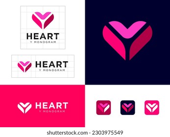 Heart logo. Letter Y.  Love emblem. Identity, corporate style, app button set.