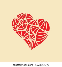 Heart logo.Red love symbol with decorative elements isolated on light background.Ornate icon.Graphic shape.Playful, colorful st. Valentine sign.Romance concept.Artistic style vector illustration.