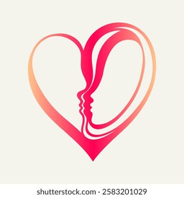 Heart logo, love symbol and kissing portraits. Couple care concept icon. Wedding celebration shape. Elegant, Valentine sign. Romance concept. Artistic, decorative style vector illustration.