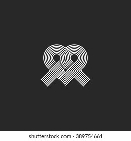 Heart logo monogram shape knot, wedding invitation design element, crossing offset thin line overlapping emblem