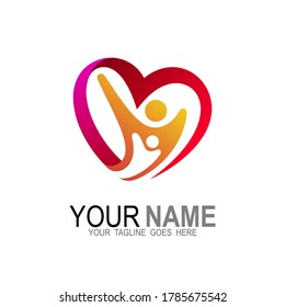 Heart logo and people design, Charity and support vector concept, love and happy life vector illustration.