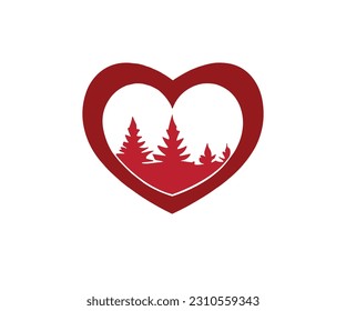 Heart logo pine trees love and tees design lined illustration