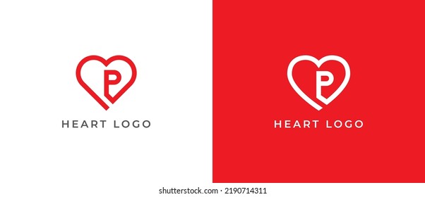 Símbolo del símbolo del logotipo del corazón Diseño Estilo de línea de arte con letra P. Amor, logotipo de atención médica. Plantilla de logotipo de ilustración de vector