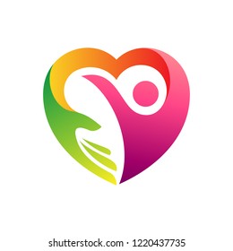 Heart Logo Symbol With People And Hand Care Shape, Human Love And Protection, Childcare, Healthy Life Vector Icon Illustration