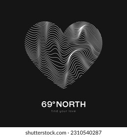 Heart logo of topographic line map. Wood rings, vector line pattern of shape countour. Outline pattern for outdoor logo templates. Contours of tree, concepts for geographic logotype.
