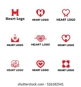 Heart logo vector icon set. Red shape logotype label illustration. Colorful love badge template on white background. Graphic simple design amour symbols in flat style. H letter sign