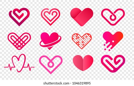 Heart logo vector icons set. Isolated modern heart symbol for cardiology pharmacy and medical center. Valentine love or wedding greeting card fashion design for web social net application