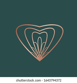 Heart logo.Love symbol isolated on green background.Decorative rose gold lines icon.Graphic shape.Playful, colorful st. Valentine sign.Romance concept.Artistic style vector illustration.