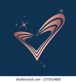 Heart logo.Love symbol and stars isolated on dark blue background.Decorative icon.Graphic shape.Rose gold st. Valentine sign.Romance concept.Artistic style vector illustration.