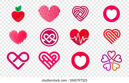 Heart logos set abstract design for healthy food and diet or vegetarian nutrition supplement and vitamins. Vector isolated modern heart flower and fruit symbols for Valentine love or medical pharmacy