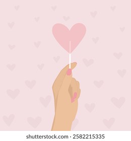 Heart lollipop in hand on a pink background with hearts vector illustration