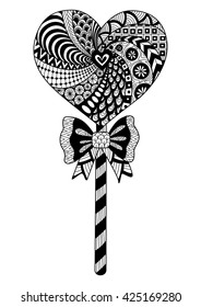 Heart lollipop line art design for coloring book for adult, T- shirt design and other decorations - stock vector