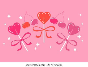 Heart lollipop. Romantic love sugar caramel symbol. candy heart shape. Valentine day celebration. Cute love drawings. Strawberry flavoured candies. 14 February greetings. Lollipop candies