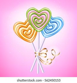 Heart lollipop vector illustration. Sweet spiral candies on stick with golden ribbon and bow. Love symbol. Good for Valentines day design. Pink, green, orange and blue hard candy.