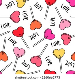 Heart lollipop with word "LOVE" seamless pattern design for valentine’s day.