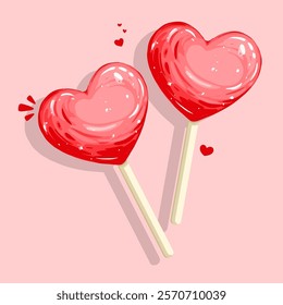 Heart lollipops, candies on sticks with symbol of love on pink background, suitable for decoration and background of valentine's day 